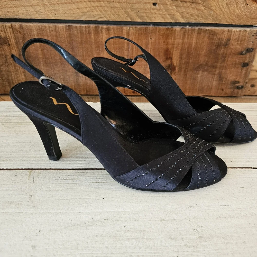 Nina "Camille" black satin & crystal peep toe slingback heels Size 6-1/2M - Picture 1 of 10